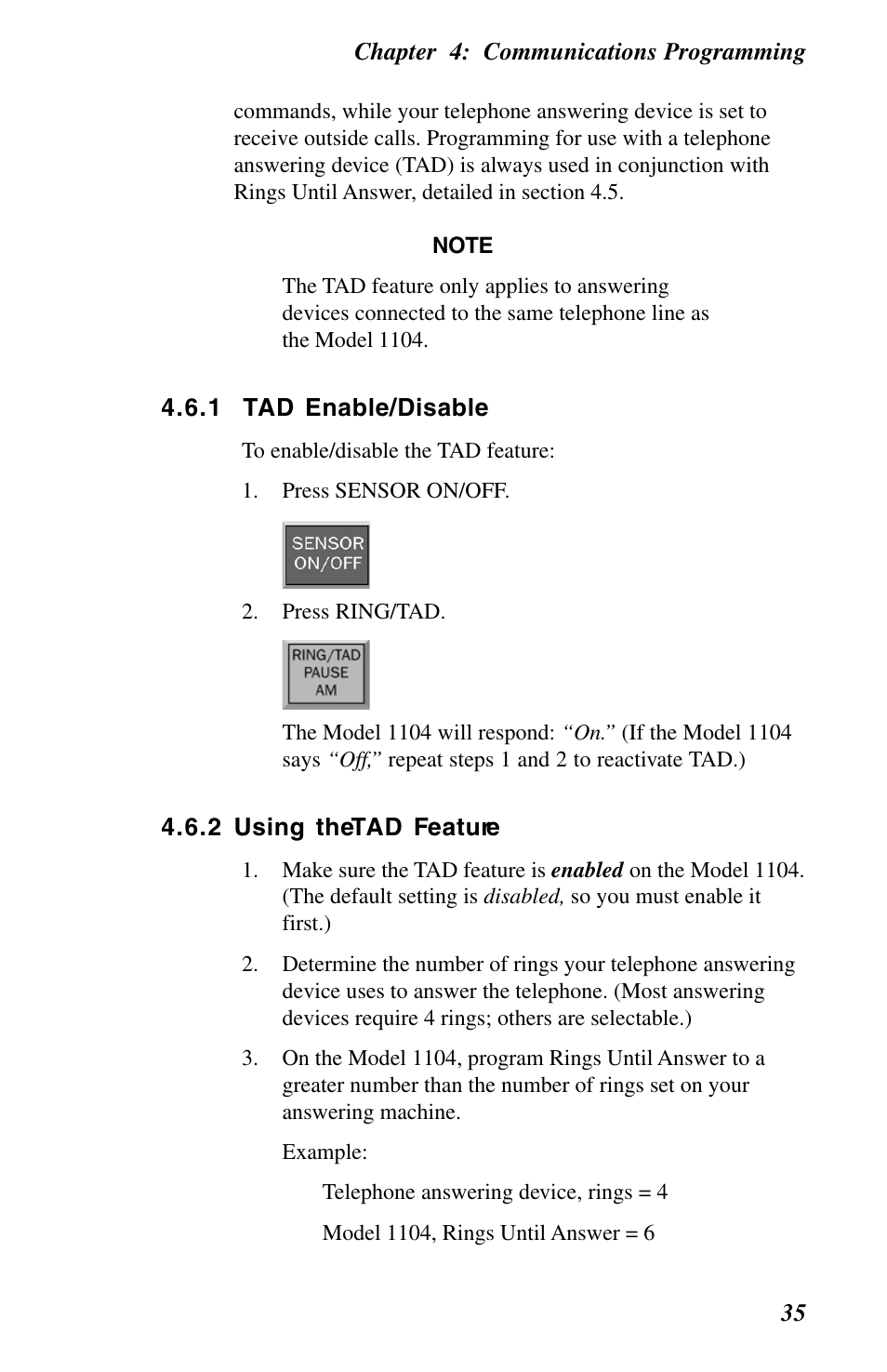 1 tad enable/disable, 2 using the tad feature | Phonetics 1104 User Manual | Page 47 / 110