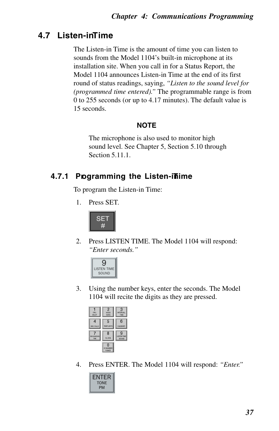 7 listen-in time, 1 programming the listen-in time, Chapter 4: communications programming 37 | Phonetics 1104 User Manual | Page 49 / 110
