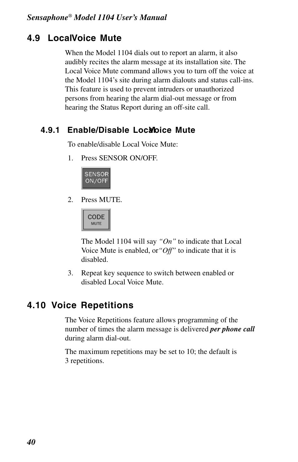 9 local voice mute, 1 enable/disable local voice mute, 10 voice repetitions | Phonetics 1104 User Manual | Page 52 / 110