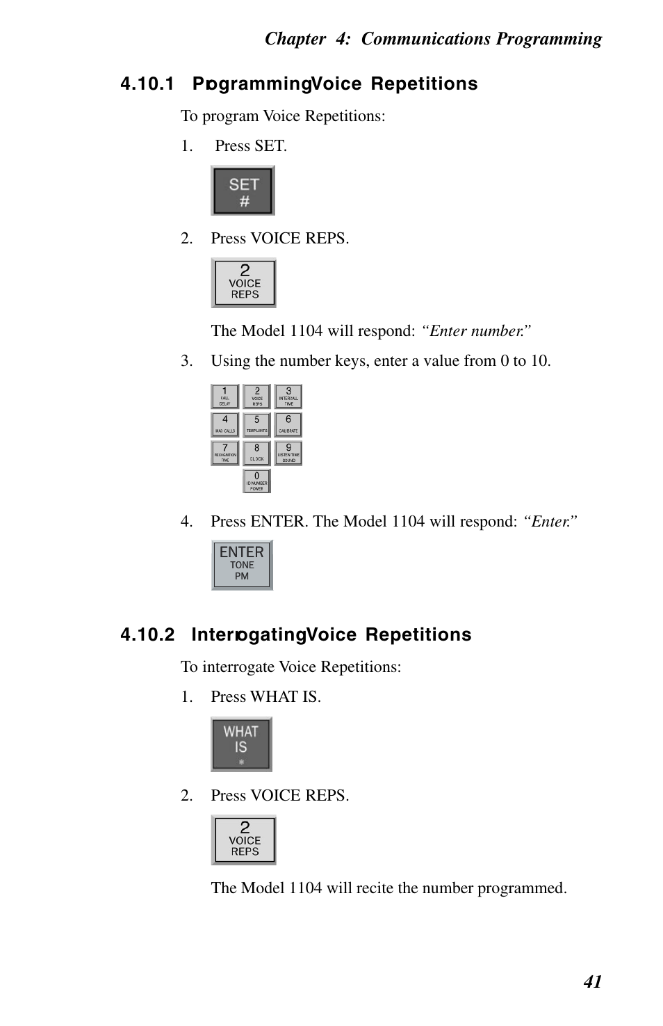 1 programming voice repetitions, 2 interrogating voice repetitions | Phonetics 1104 User Manual | Page 53 / 110