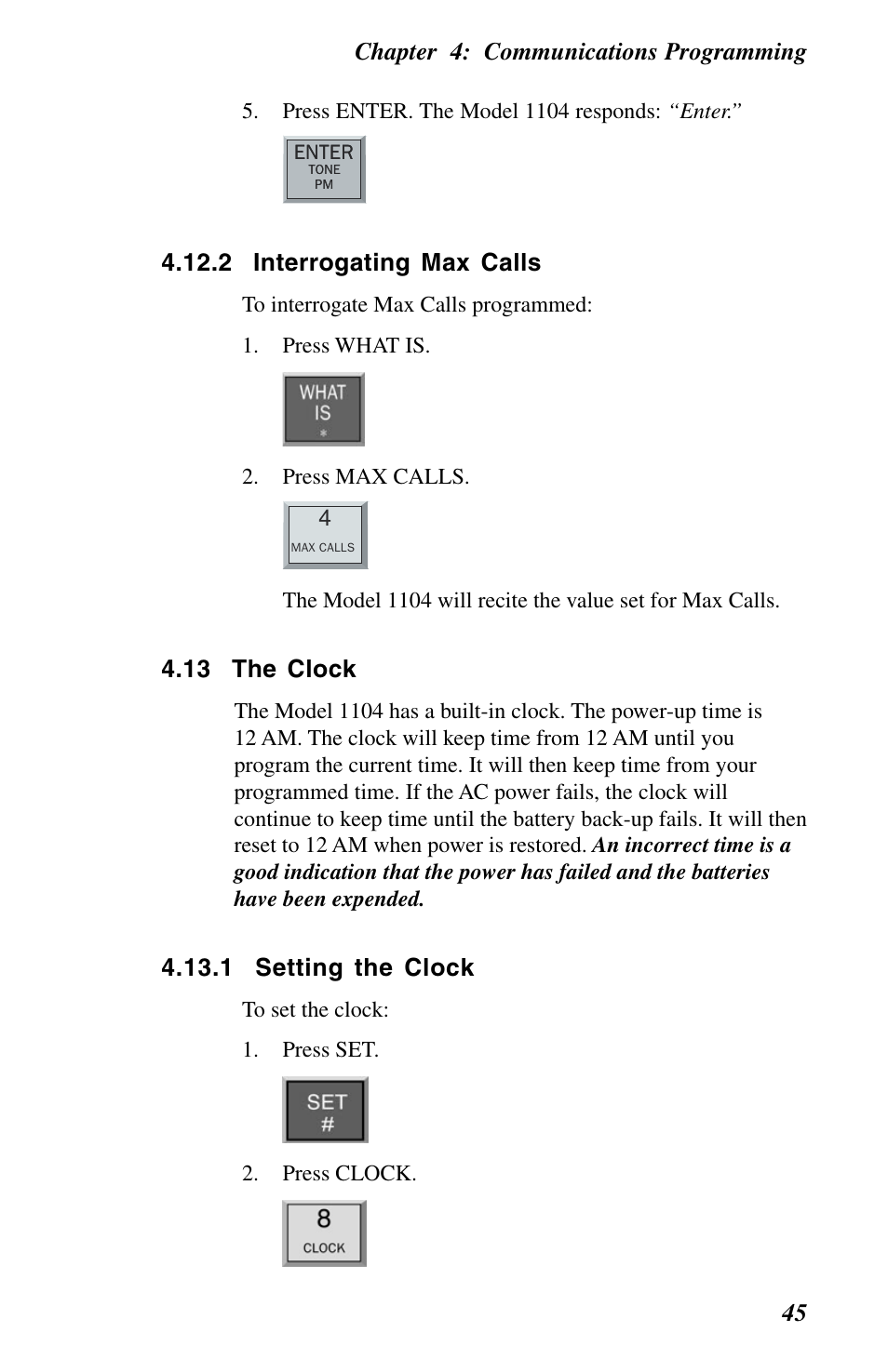 2 interrogating max calls, 13 the clock, 1 setting the clock | Chapter 4: communications programming 45 | Phonetics 1104 User Manual | Page 57 / 110