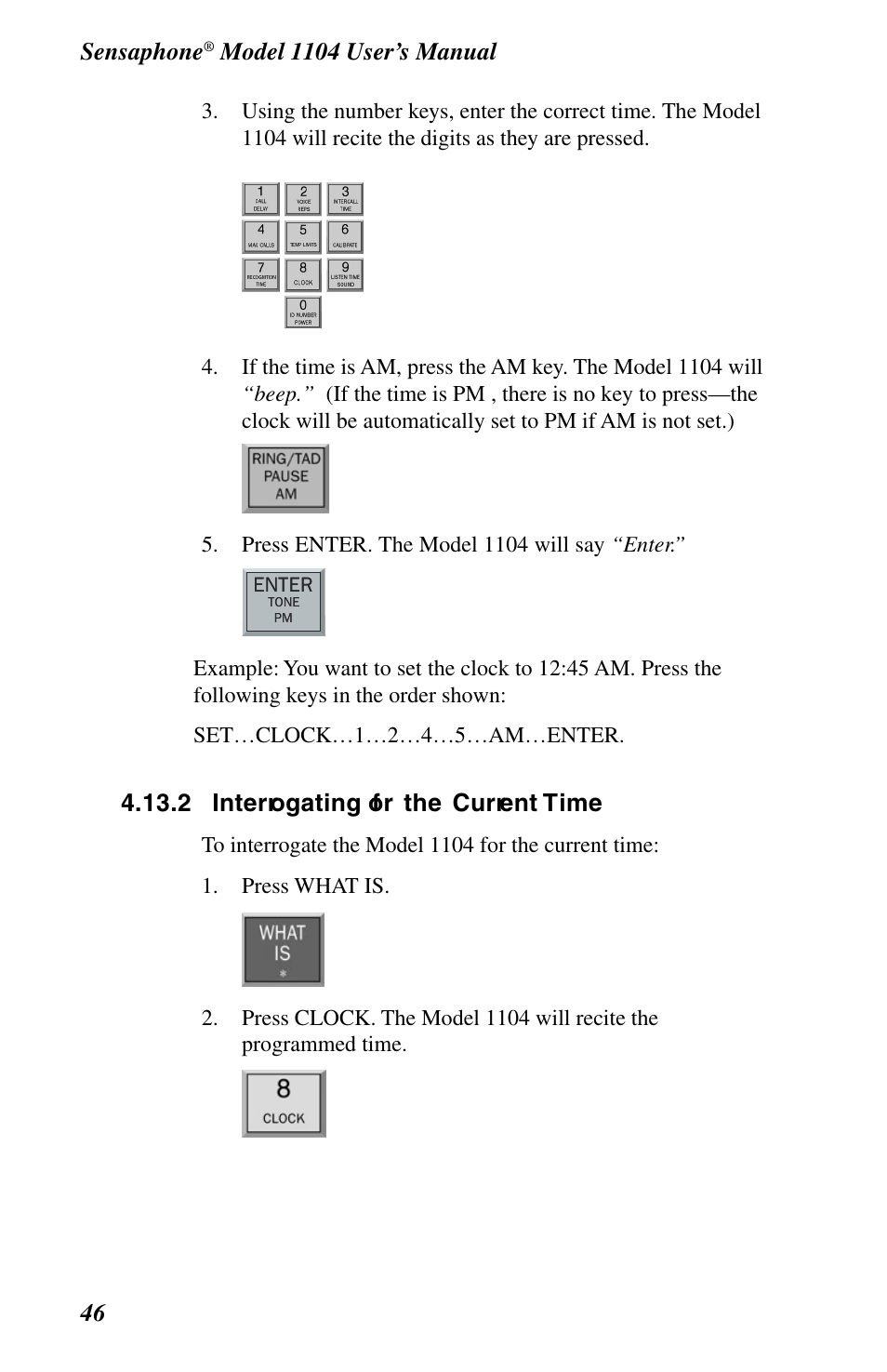 2 interrogating for the current time, Sensaphone, 2 interrogating f or the current time | Phonetics 1104 User Manual | Page 58 / 110