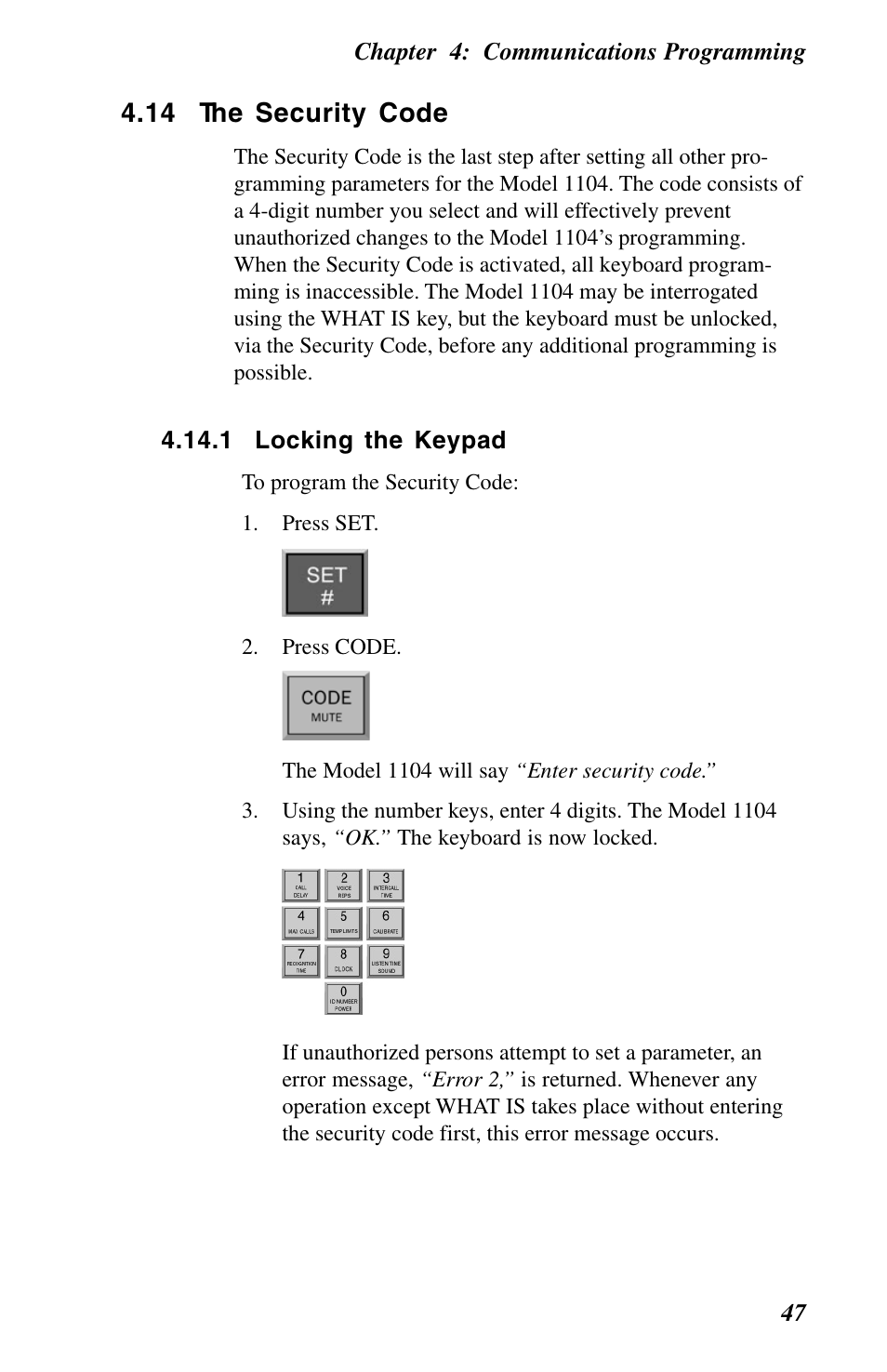 14 the security code, 1 locking the keypad | Phonetics 1104 User Manual | Page 59 / 110