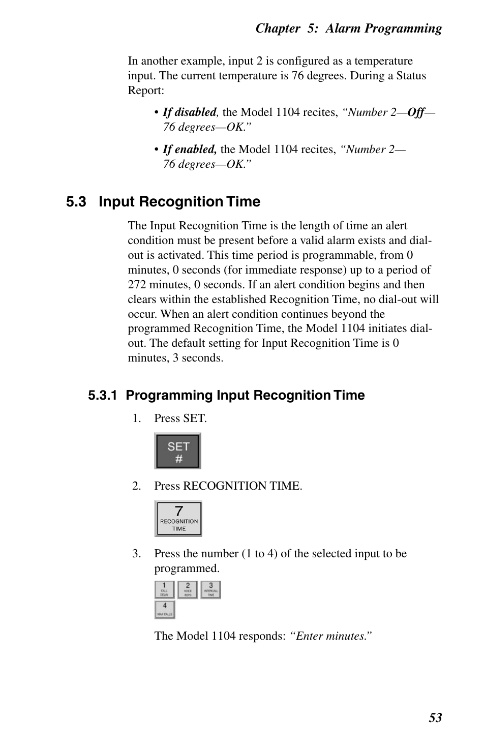 3 input recognition time, 1 programming input recognition time | Phonetics 1104 User Manual | Page 65 / 110