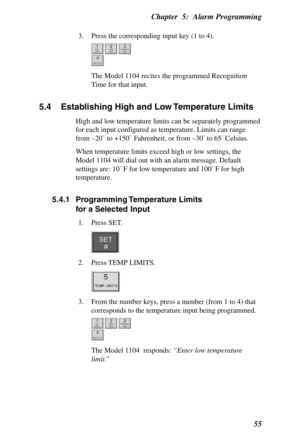 4 establishing high and low temperature limits, Chapter 5: alarm programming 55 | Phonetics 1104 User Manual | Page 67 / 110