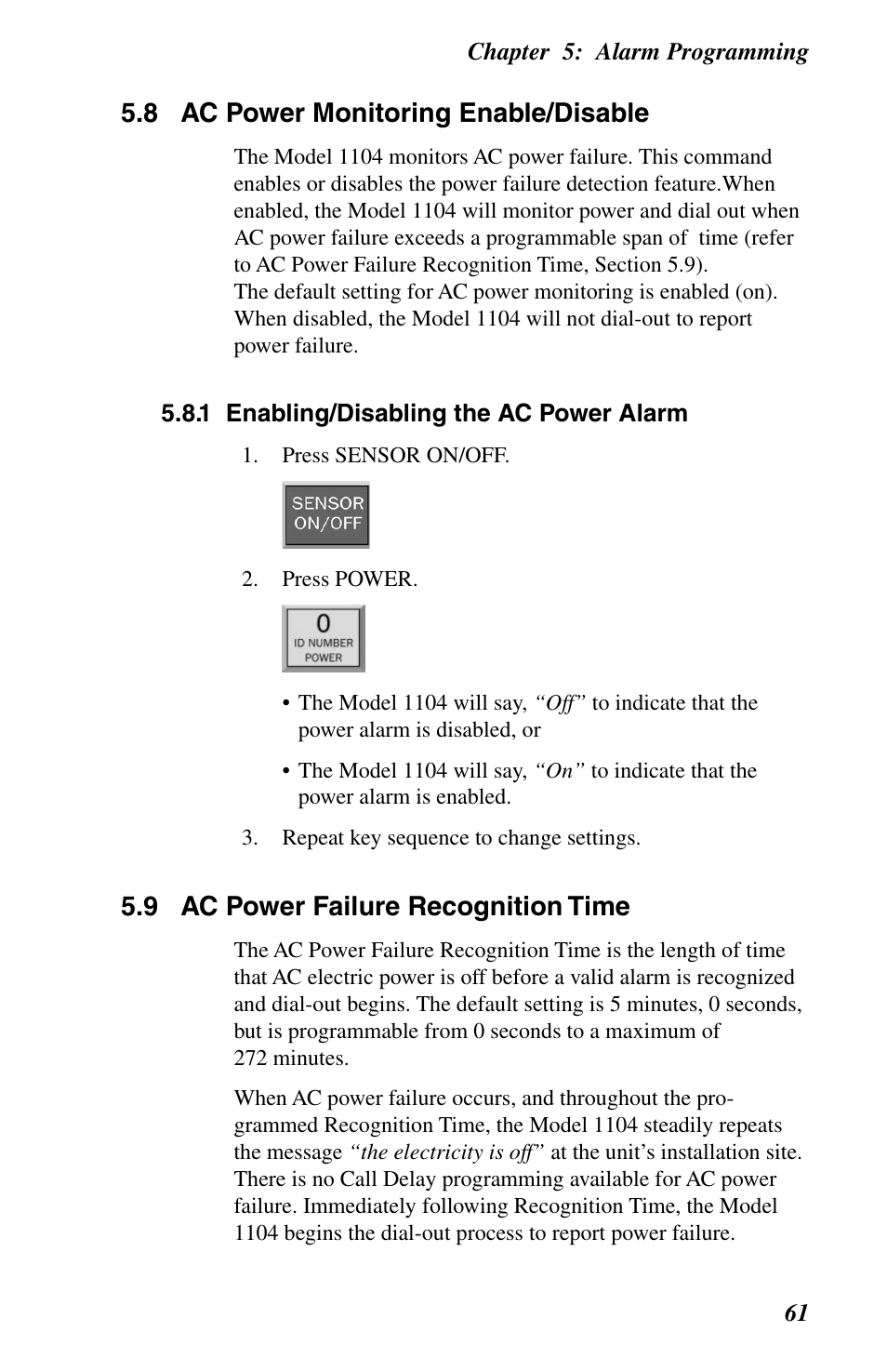 1 enabling/disabling the ac power alarm, 9 ac power failure recognition time | Phonetics 1104 User Manual | Page 73 / 110
