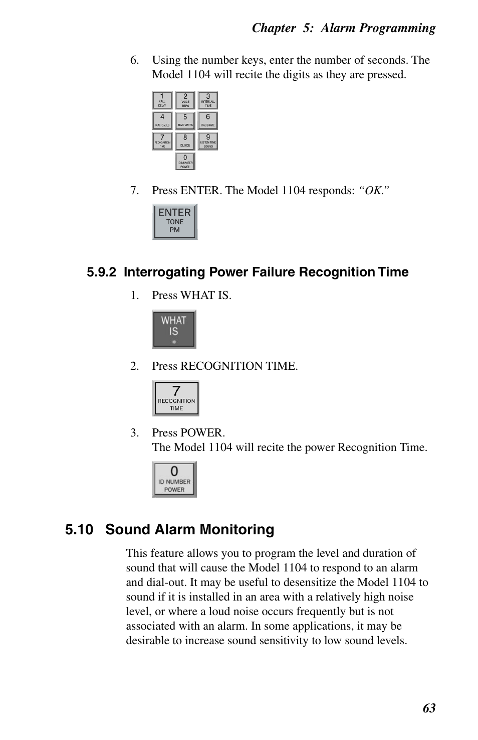 2 interrogating power failure recognition time, 10 sound alarm monitoring, 1 programming sound alarm sensitivity | Chapter 5: alarm programming 63 | Phonetics 1104 User Manual | Page 75 / 110