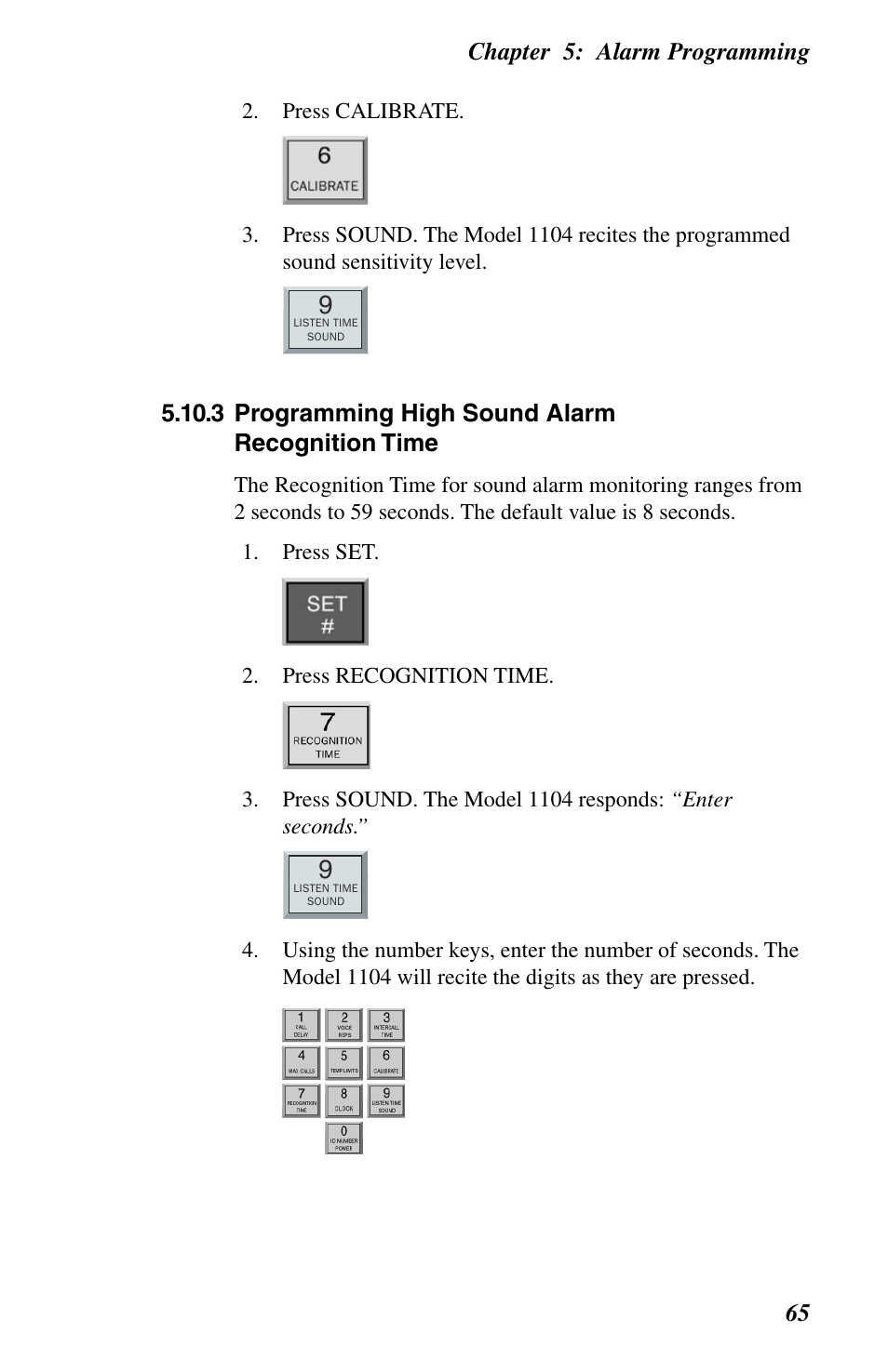 3 programming high sound alarm recognition time, Chapter 5: alarm programming 65 | Phonetics 1104 User Manual | Page 77 / 110