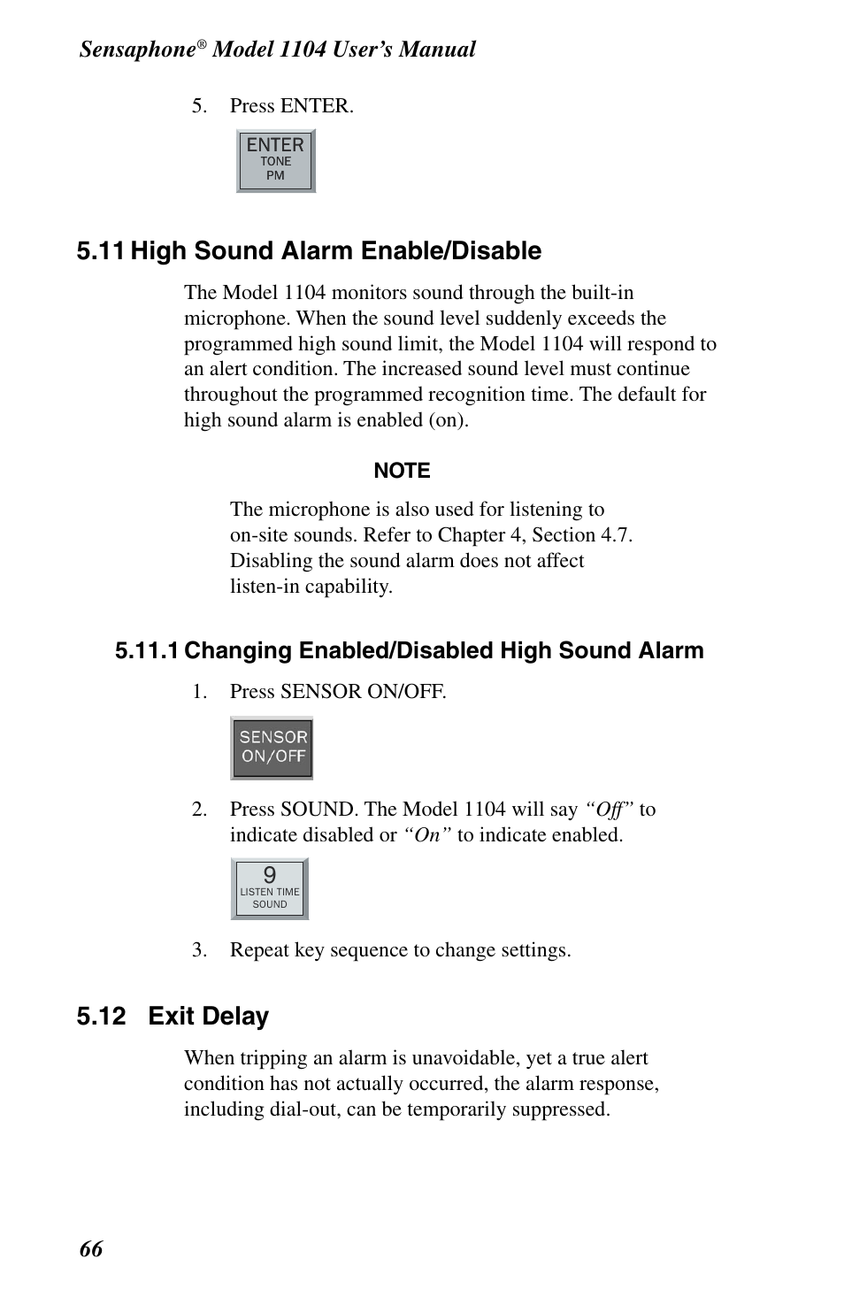 11 high sound alarm enable/disable, 1 changing enabled/disabled high sound alarm, 12 exit delay | Sensaphone | Phonetics 1104 User Manual | Page 78 / 110