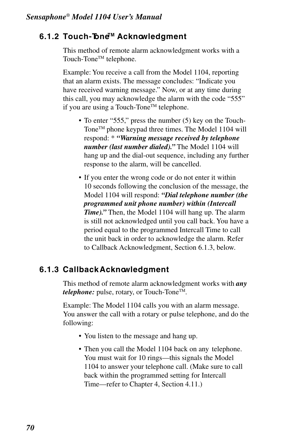 2 touch-tonetm acknowledgment, 3 callback acknowledgment, Sensaphone | Acknowledgment | Phonetics 1104 User Manual | Page 82 / 110