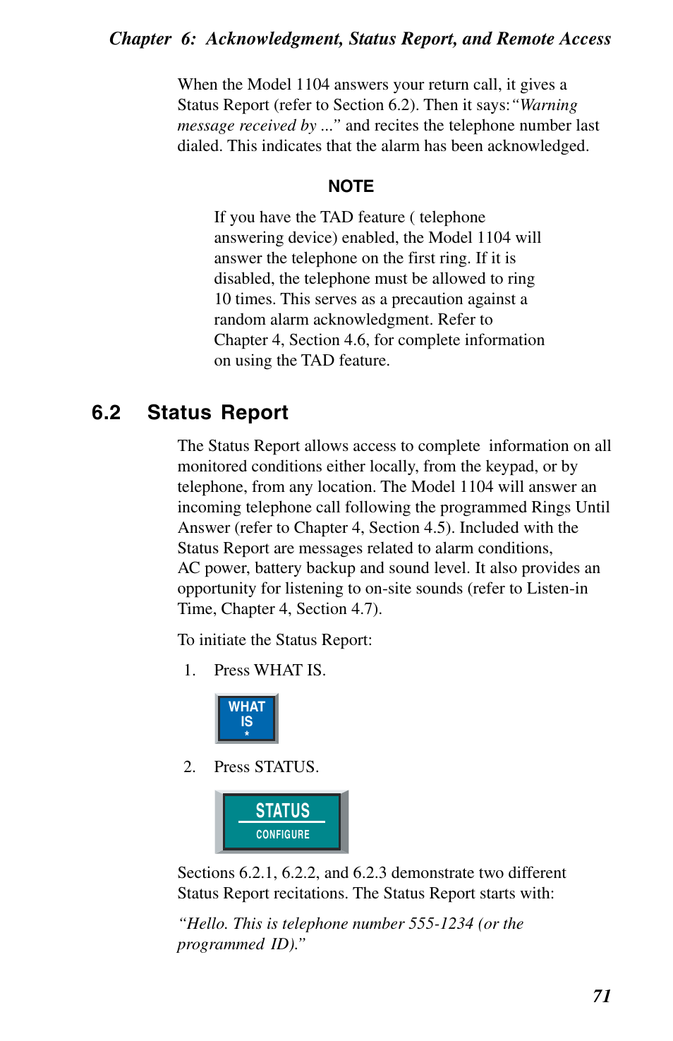 2 status report, Status | Phonetics 1104 User Manual | Page 83 / 110