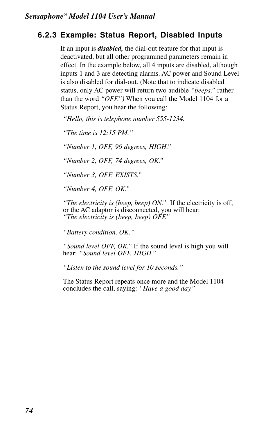 3 example: status report, disabled inputs | Phonetics 1104 User Manual | Page 86 / 110