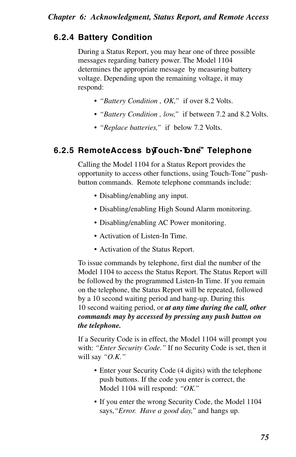 4 battery condition, 5 remote access by touch-tone™ telephone | Phonetics 1104 User Manual | Page 87 / 110