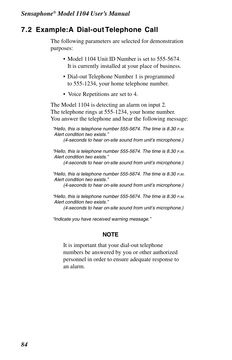2 example: a dial-out telephone call, Sensaphone | Phonetics 1104 User Manual | Page 96 / 110