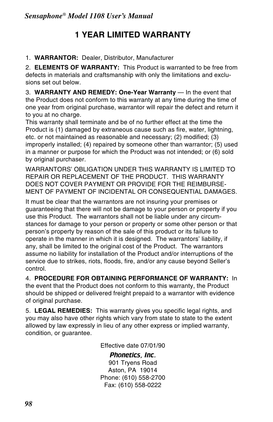 Warranty, 1 year limited warranty, Sensaphone | Phonetics 1108 User Manual | Page 110 / 110