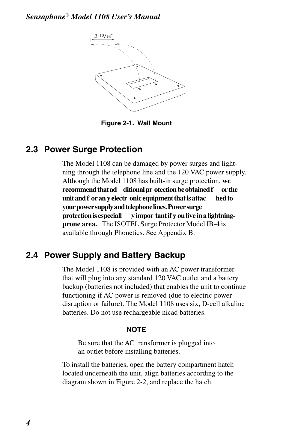 Power supply and battery backup, 3 power surge protection, 4 power supply and battery backup | Sensaphone | Phonetics 1108 User Manual | Page 16 / 110