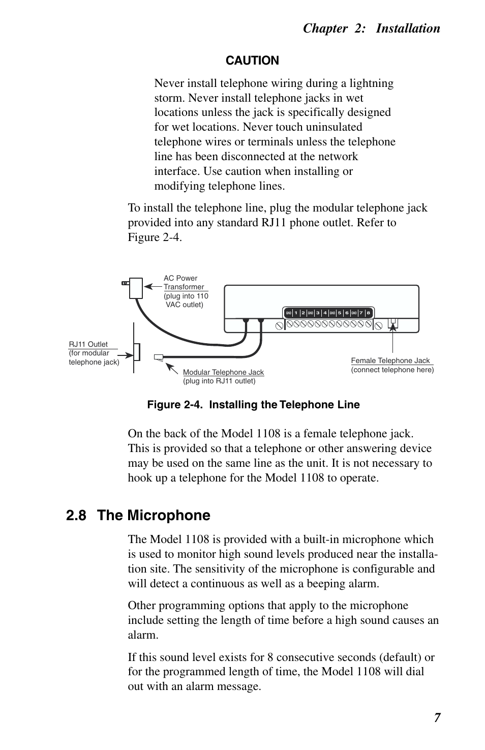 The microphone, 8 the microphone, Chapter 2: installation 7 | Figure 2-4. installing the telephone line | Phonetics 1108 User Manual | Page 19 / 110