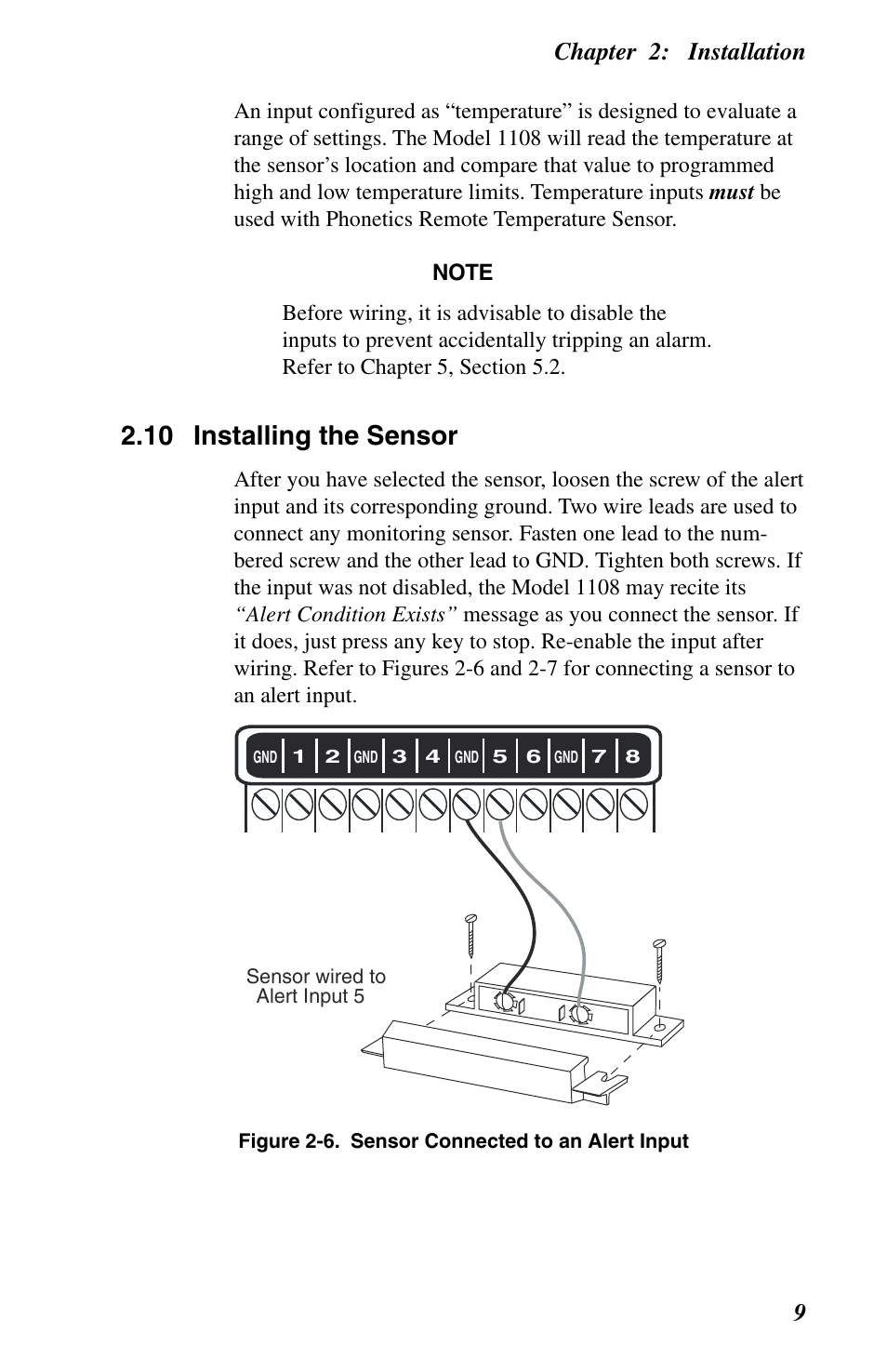 Installing the sensor, 10 installing the sensor, Chapter 2: installation 9 | Phonetics 1108 User Manual | Page 21 / 110
