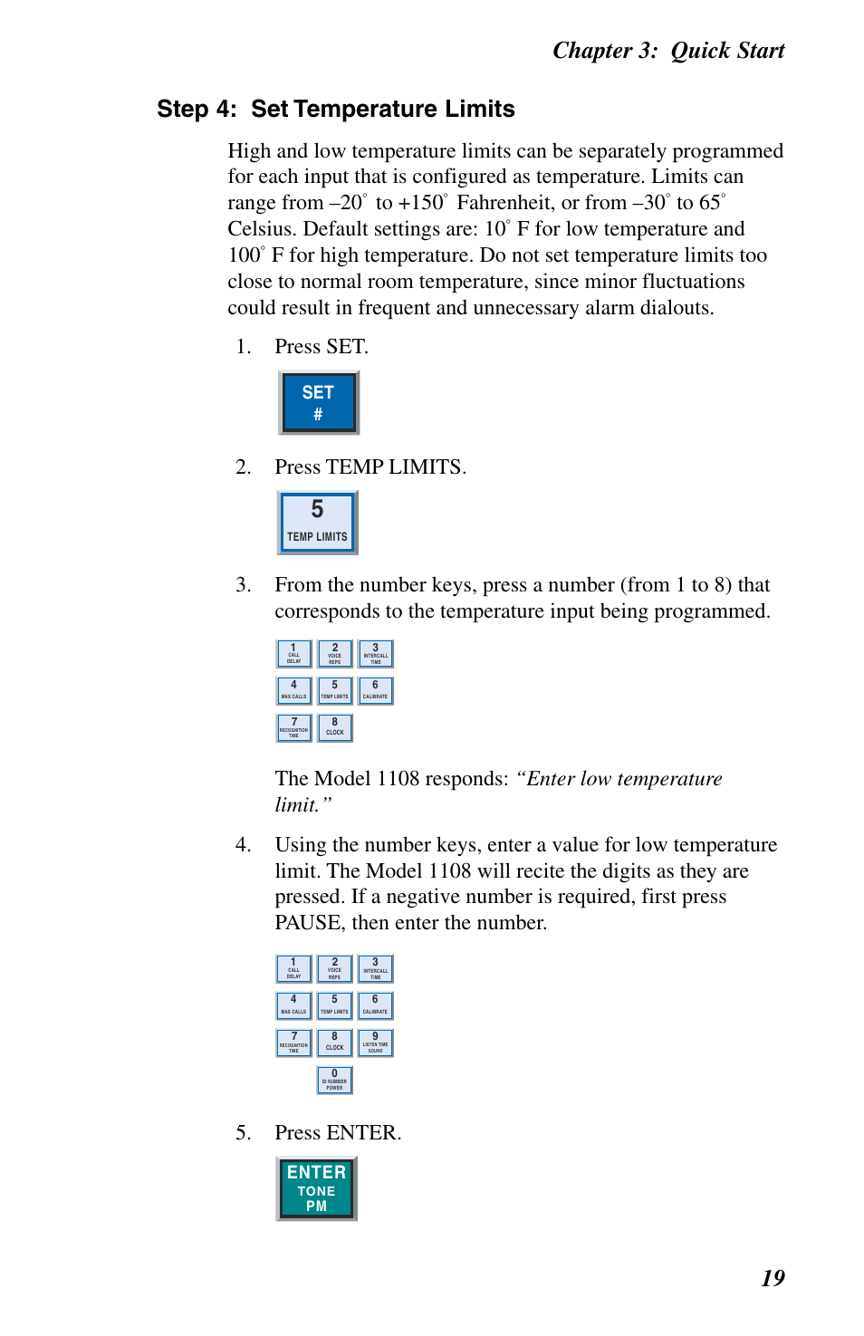 Fahrenheit, or from –30, Celsius. default settings are: 10, F for low temperature and 100 | Press temp limits, Press enter, Enter | Phonetics 1108 User Manual | Page 31 / 110