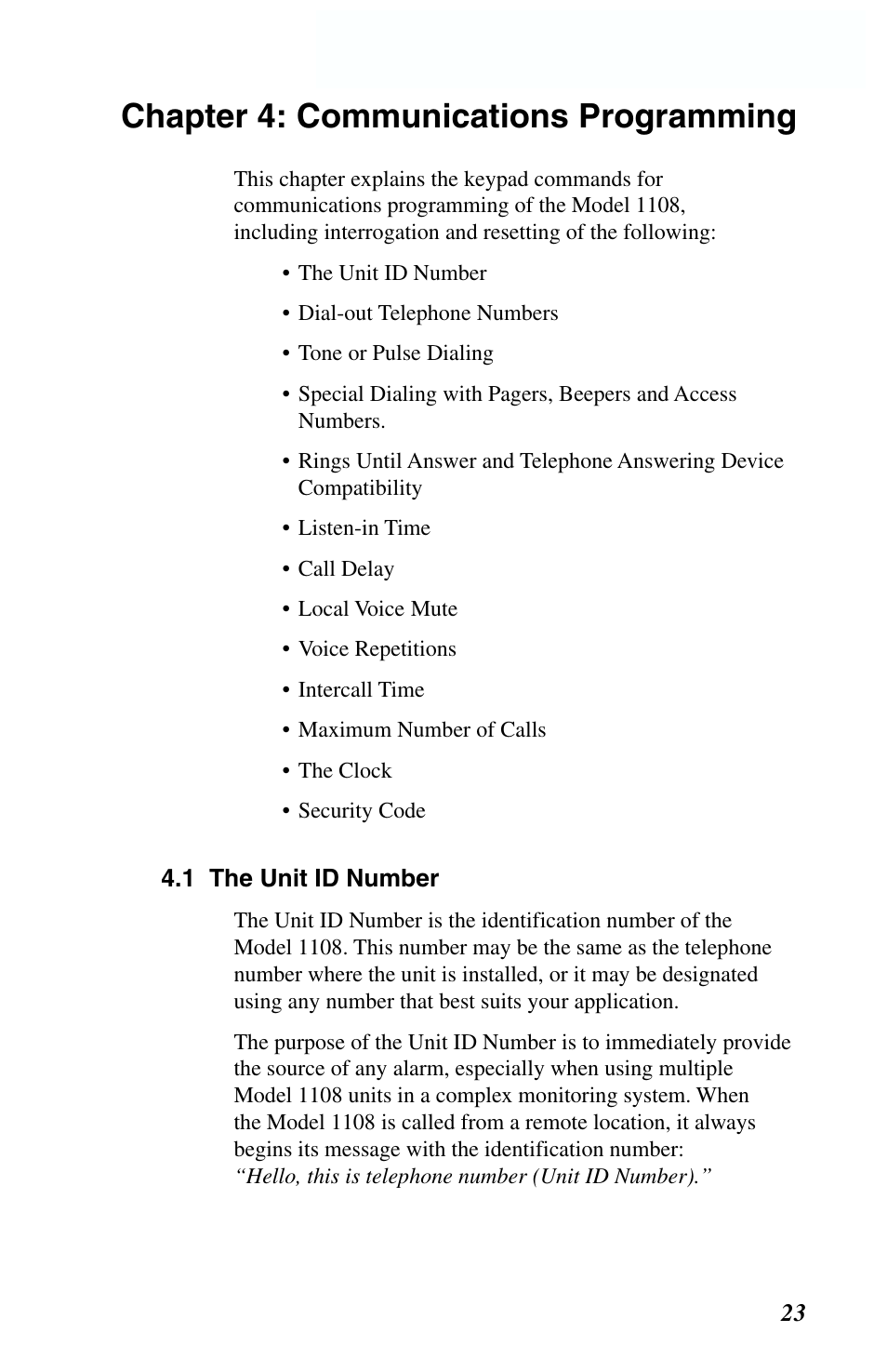 Chapter 4: communications programming, Unit id number | Phonetics 1108 User Manual | Page 35 / 110