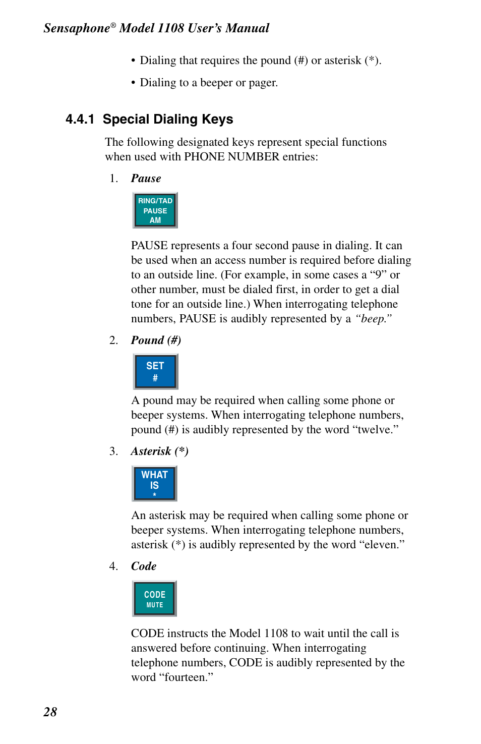 Sensaphone, 1 special dialing keys | Phonetics 1108 User Manual | Page 40 / 110