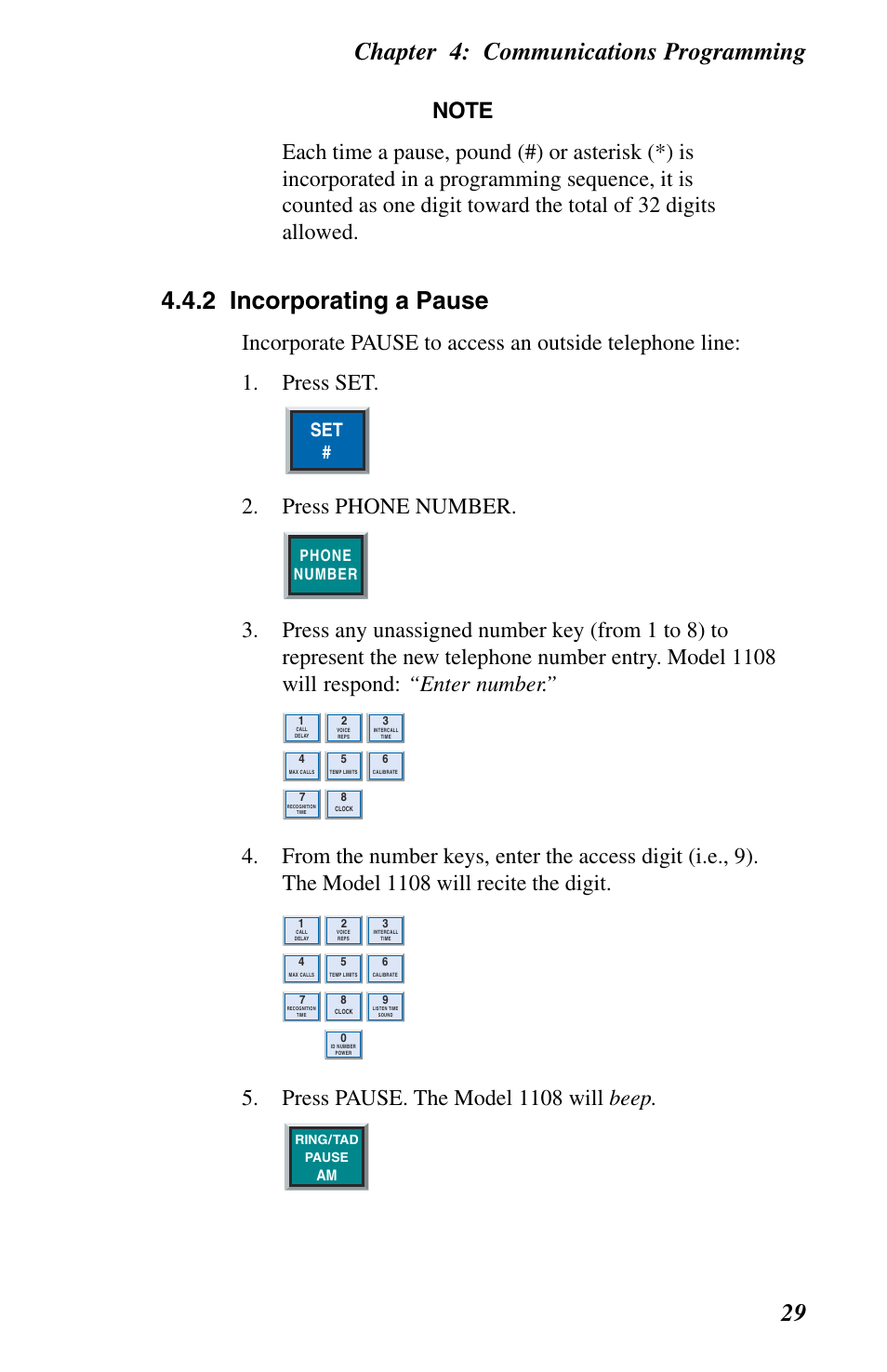 Chapter 4: communications programming 29, 2 incorporating a pause, Press phone number | Press pause. the model 1108 will beep, Phone number | Phonetics 1108 User Manual | Page 41 / 110