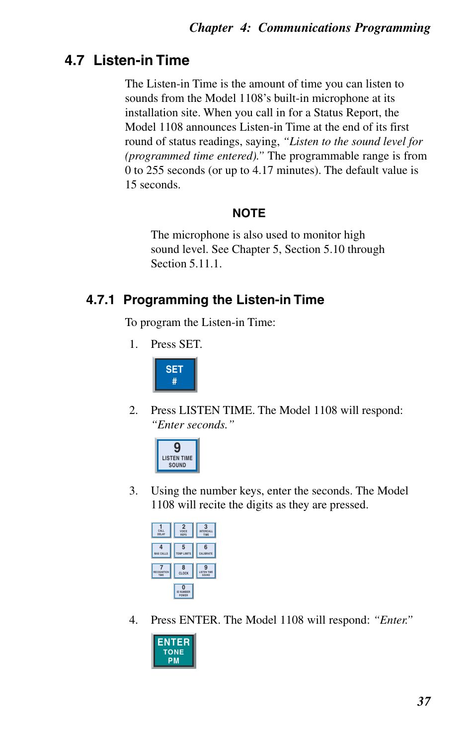 Listen-in time, 7 listen-in time, Chapter 4: communications programming 37 | 1 programming the listen-in time, Press enter. the model 1108 will respond: “enter, Enter | Phonetics 1108 User Manual | Page 49 / 110