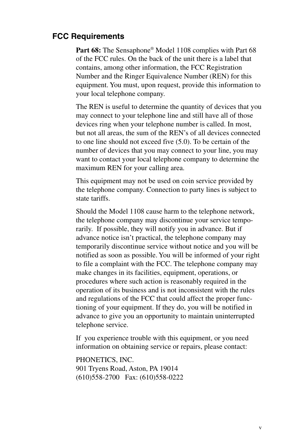 Fcc requirements | Phonetics 1108 User Manual | Page 5 / 110