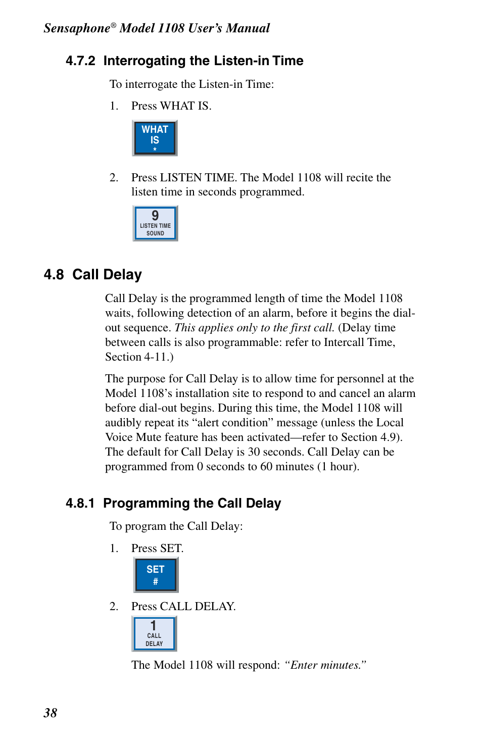 Call delay, 8 call delay, Sensaphone | 1 programming the call delay | Phonetics 1108 User Manual | Page 50 / 110