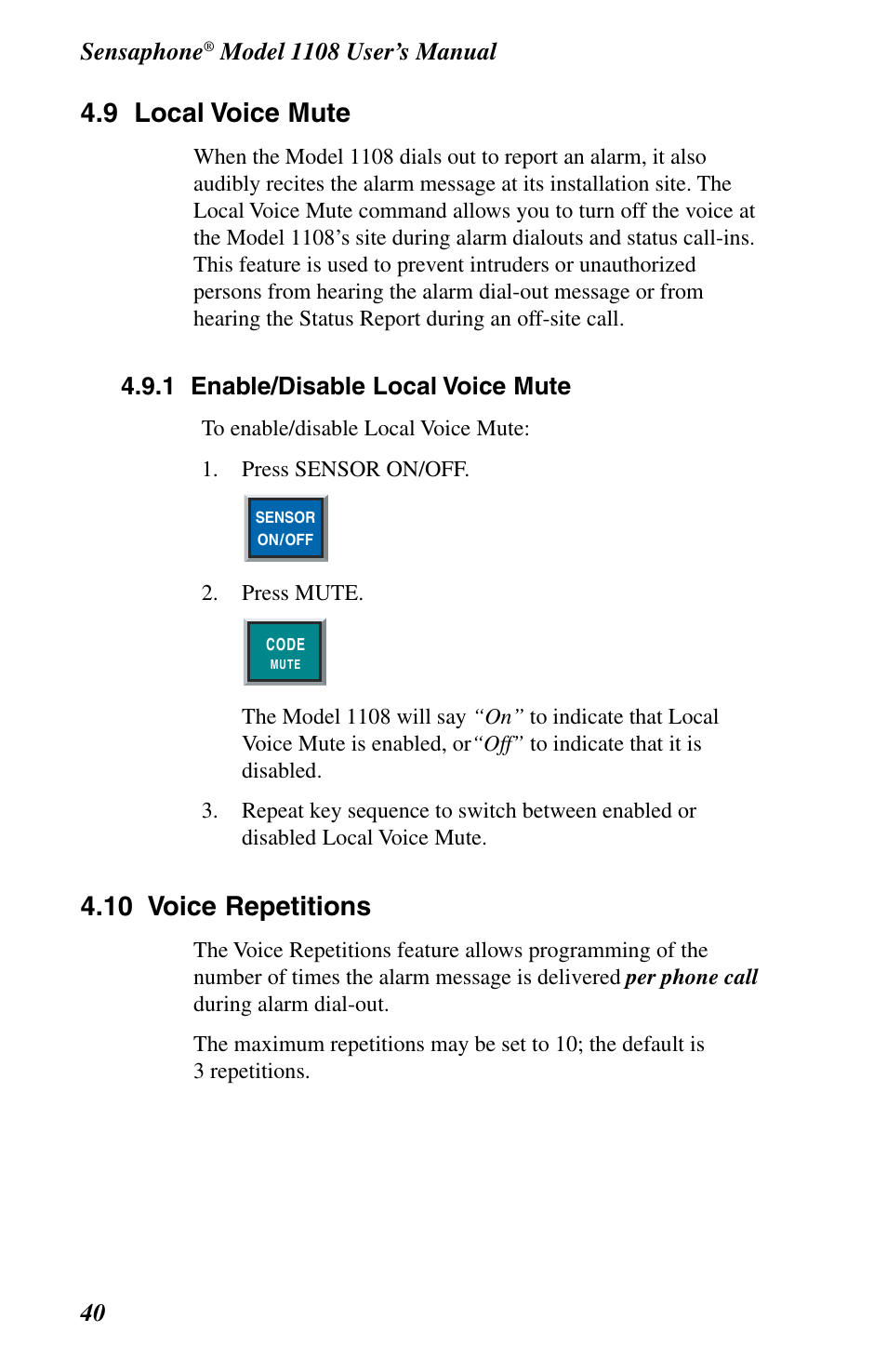 Local voice mute, 9 local voice mute, 10 voice repetitions | Phonetics 1108 User Manual | Page 52 / 110