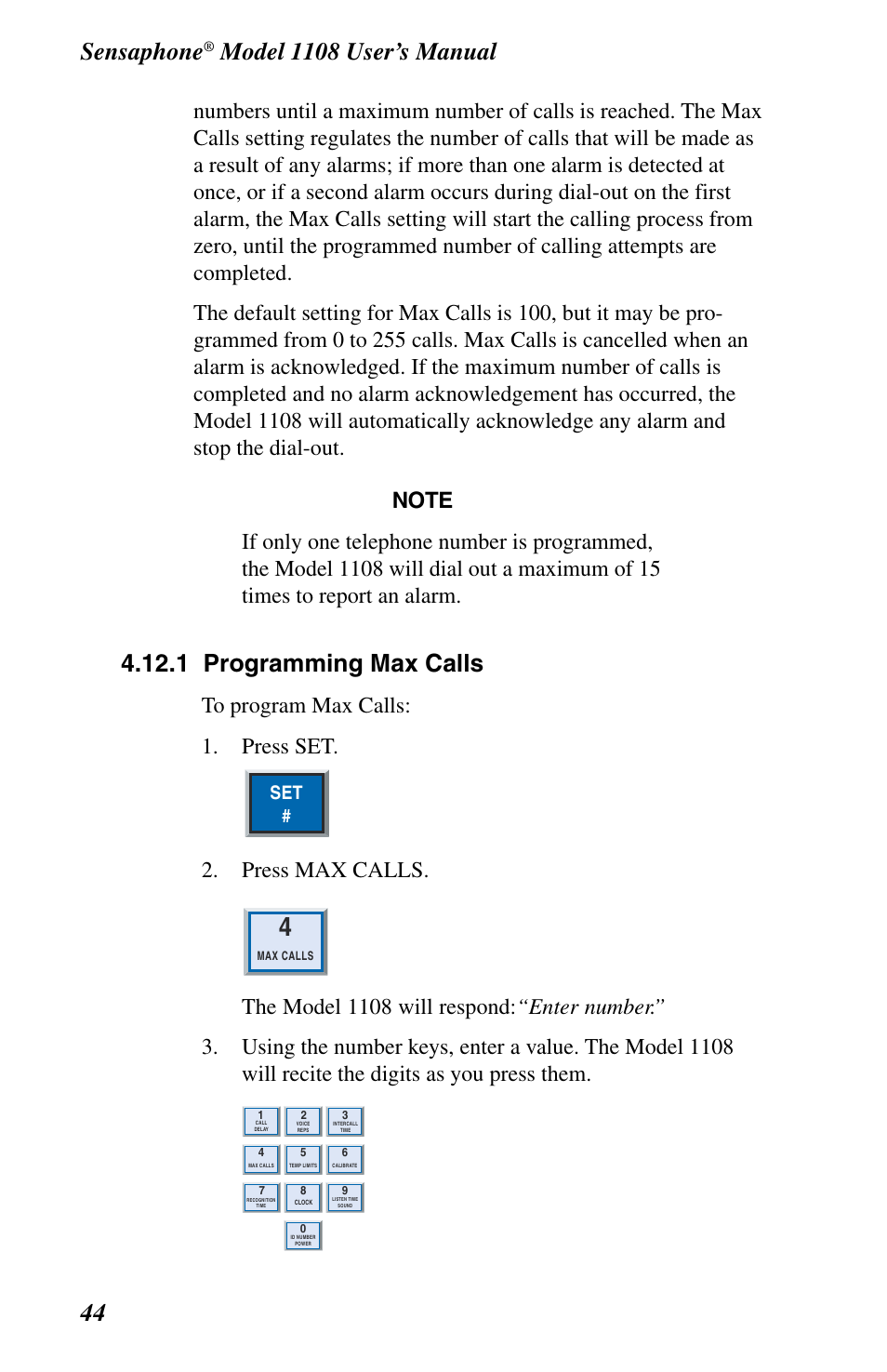 Sensaphone, 1 programming max calls, Press max calls | Phonetics 1108 User Manual | Page 56 / 110