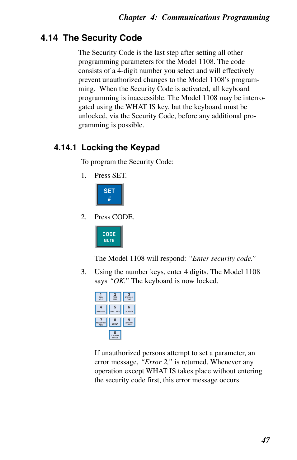 Security code, 14 the security code, Chapter 4: communications programming 47 | 1 locking the keypad, Press code, Code | Phonetics 1108 User Manual | Page 59 / 110