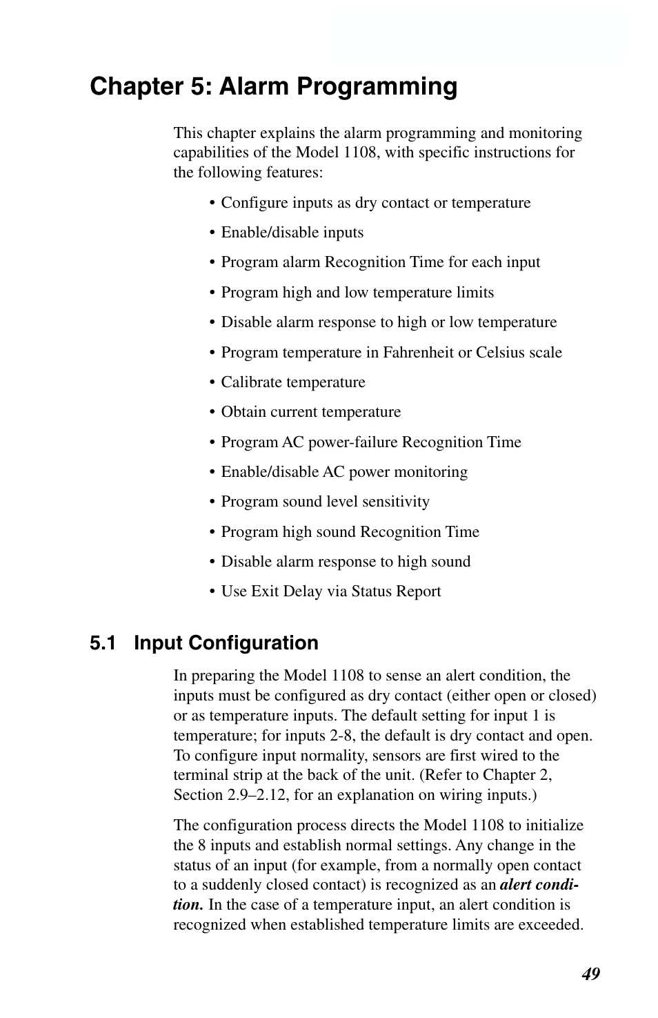 Chapter 5: alarm programming, Input configuration | Phonetics 1108 User Manual | Page 61 / 110