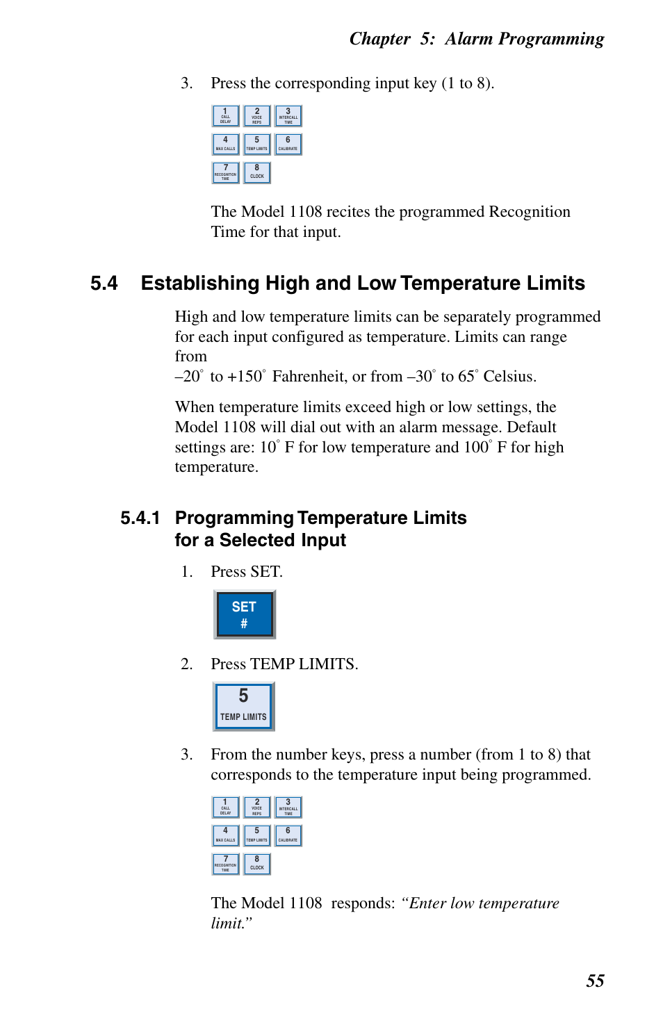 High & low temperature limits, 4 establishing high and low temperature limits, Chapter 5: alarm programming 55 | Press the corresponding input key (1 to 8), Fahrenheit, or from –30, F for low temperature and 100, F for high temperature, Press set, Press temp limits | Phonetics 1108 User Manual | Page 67 / 110