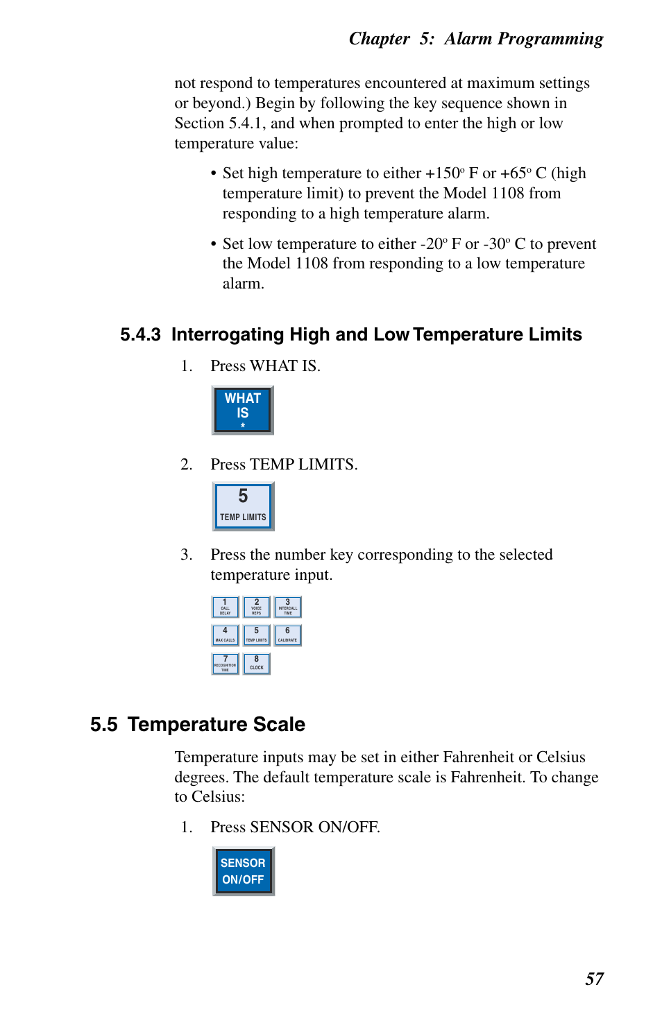 Temperature scale, 5 temperature scale, Chapter 5: alarm programming 57 | 3 interrogating high and low temperature limits, F or +65, F or -30, Press what is, Press temp limits | Phonetics 1108 User Manual | Page 69 / 110