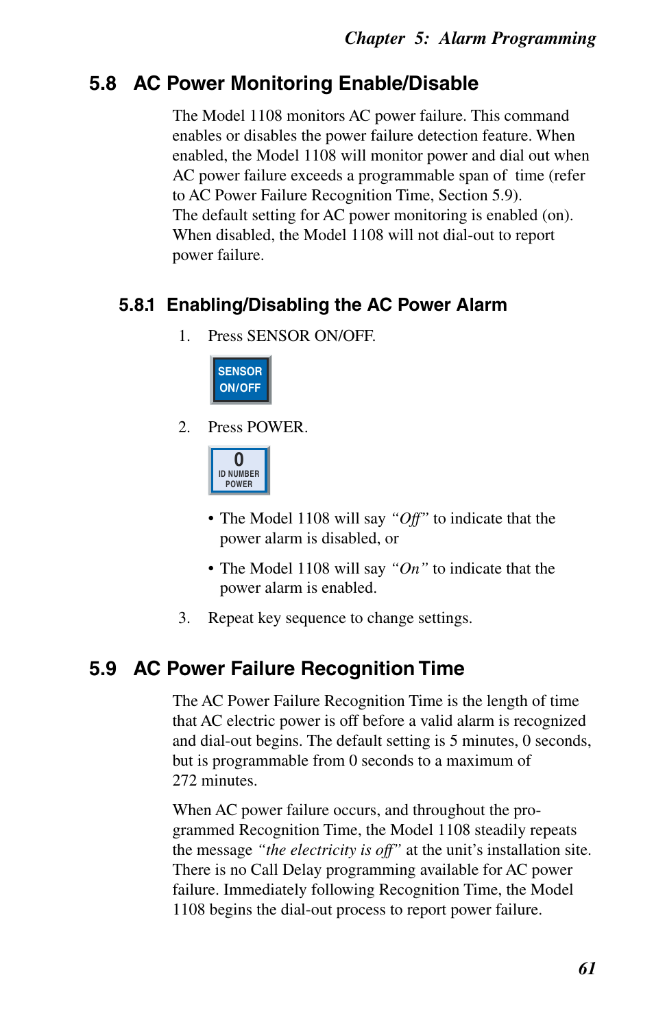 Ac power monitoring enable/disable, Power failure recognition time, 8 ac power monitoring enable/disable | 9 ac power failure recognition time | Phonetics 1108 User Manual | Page 73 / 110