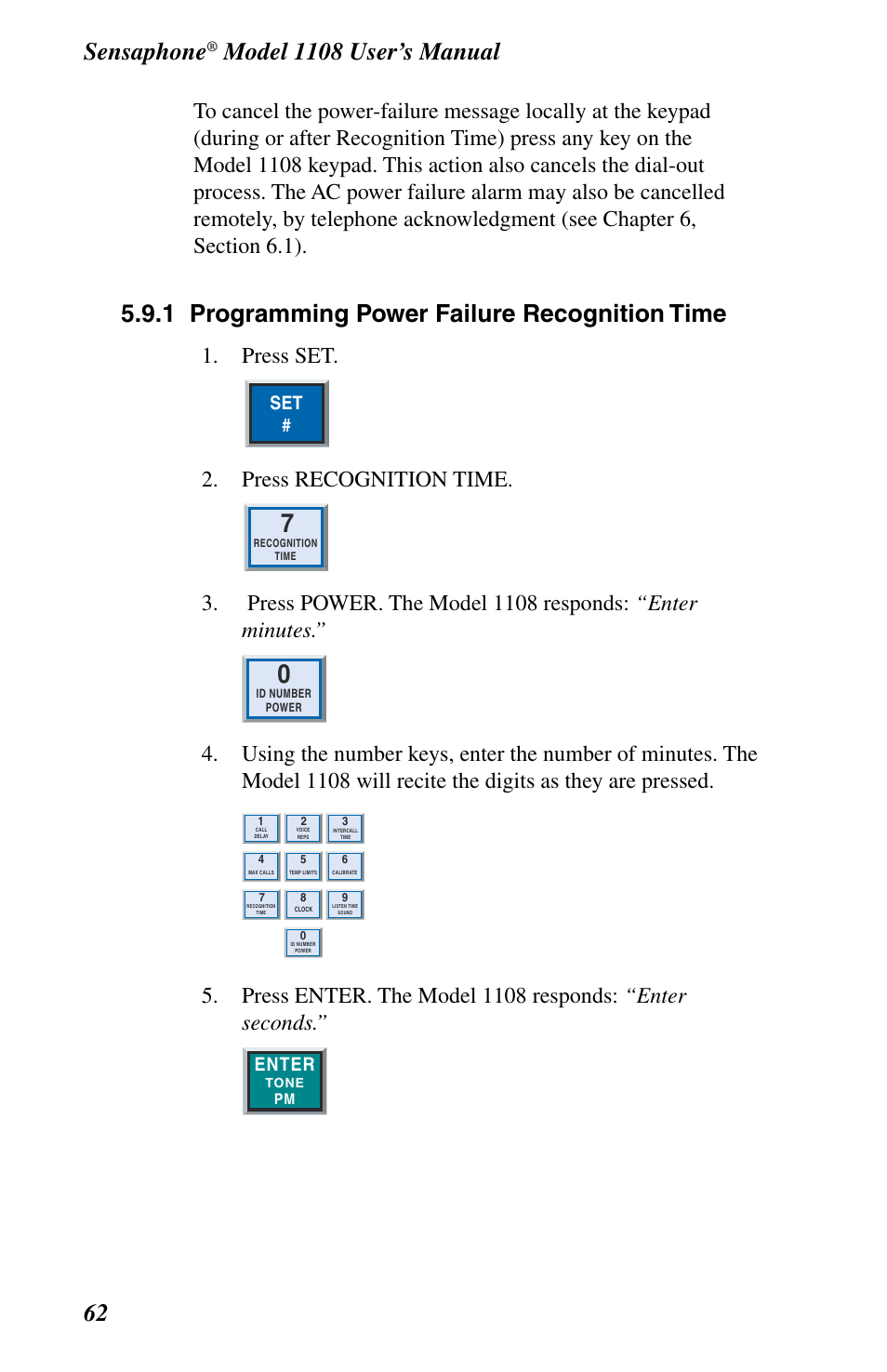 Sensaphone, 1 programming power failure recognition time, Press set | Press recognition time, Enter | Phonetics 1108 User Manual | Page 74 / 110