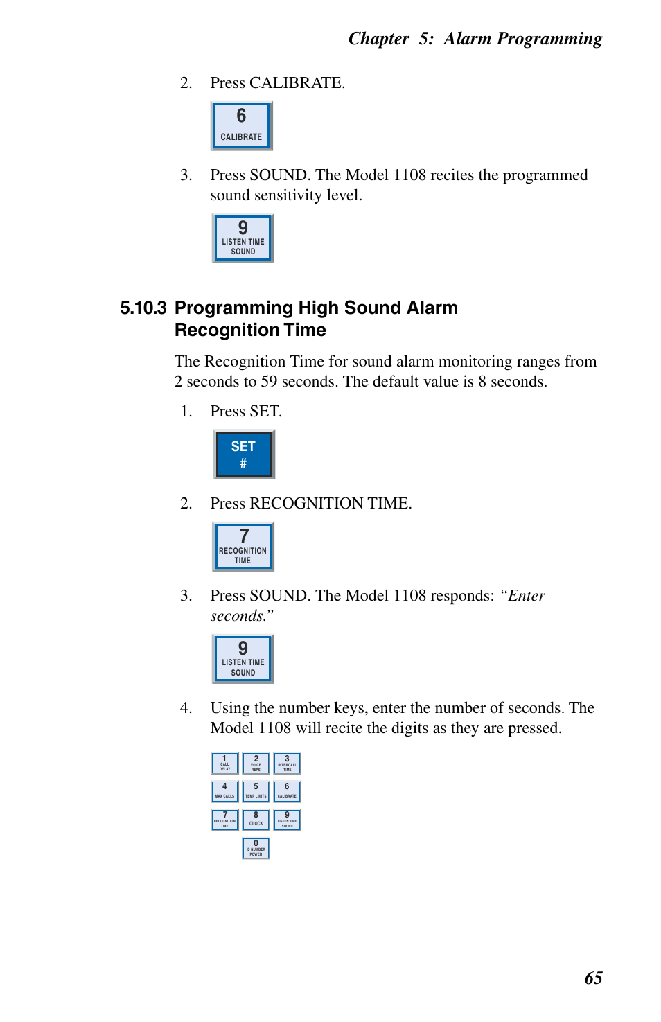 Chapter 5: alarm programming 65, 3 programming high sound alarm recognition time, Press calibrate | Press recognition time | Phonetics 1108 User Manual | Page 77 / 110