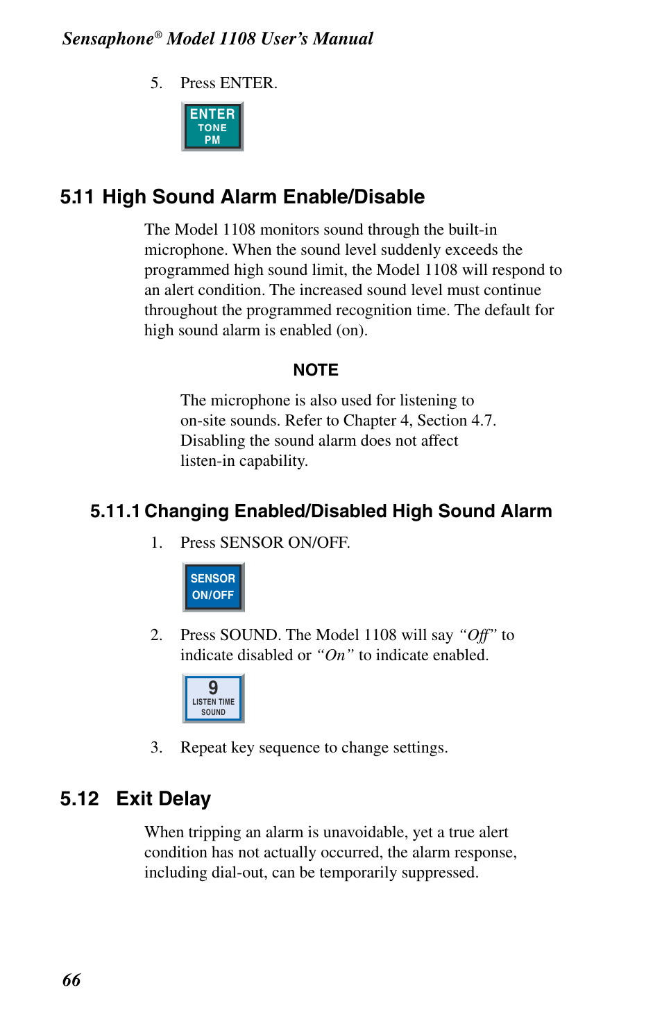 High sound alarm enable/disable, Exit delay, 11 high sound alarm enable/disable | 12 exit delay, Sensaphone, 1 changing enabled/disabled high sound alarm | Phonetics 1108 User Manual | Page 78 / 110