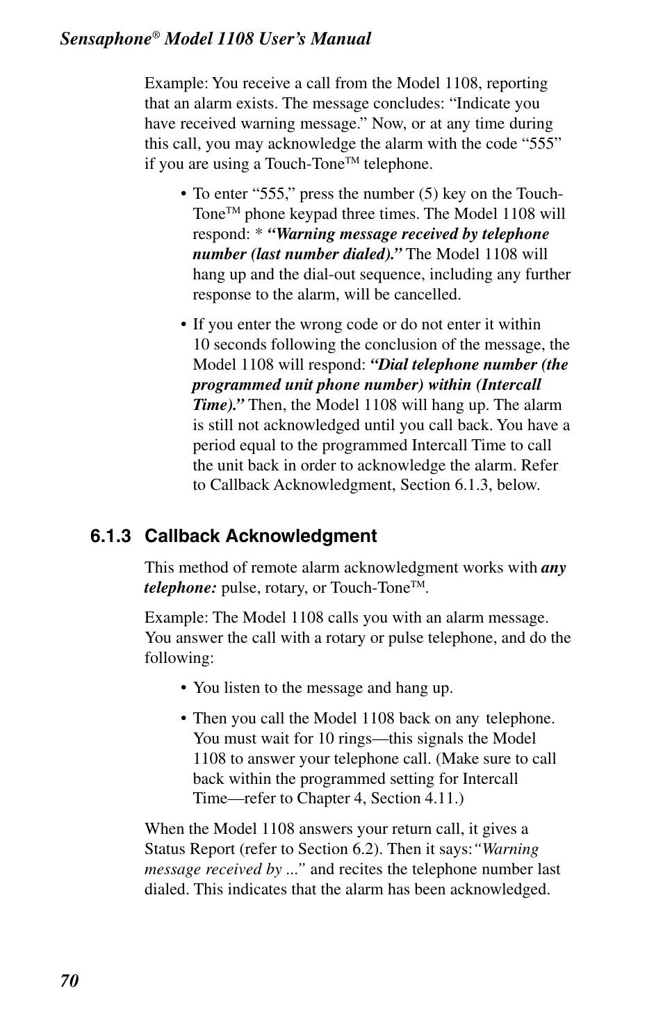 Callback acknowledgment, Sensaphone, 3 callback acknowledgment | Phonetics 1108 User Manual | Page 82 / 110