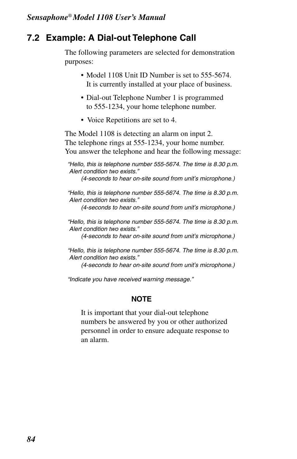 Dial-out phone call example, 2 example: a dial-out telephone call, Sensaphone | Phonetics 1108 User Manual | Page 96 / 110