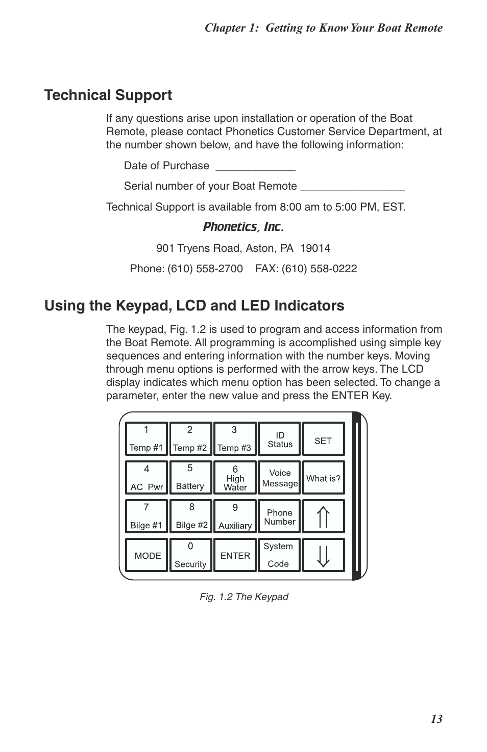 Technical support, Using the keypad, lcd and led indicators | Phonetics Boat Remote User Manual | Page 13 / 90