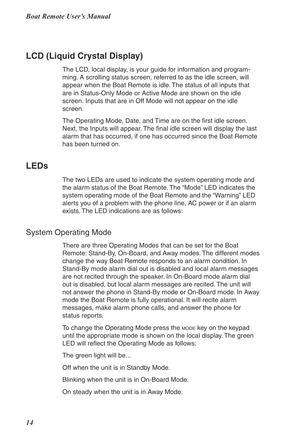 Lcd (liquid crystal display), Leds, System operating mode | Phonetics Boat Remote User Manual | Page 14 / 90