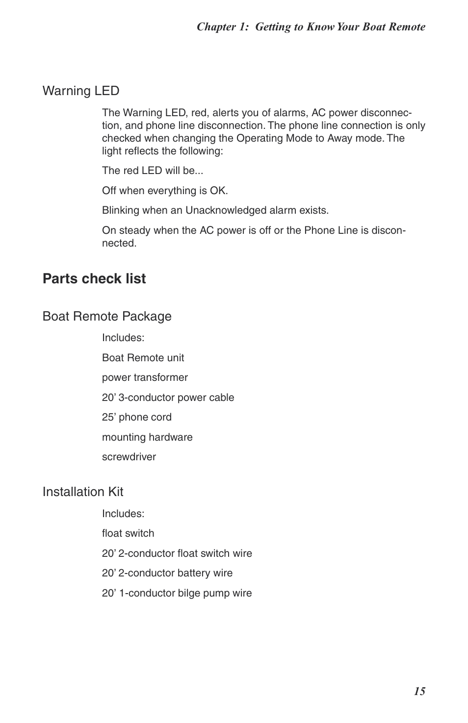 Warning led, Parts check list, Boat remote package | Installation kit | Phonetics Boat Remote User Manual | Page 15 / 90