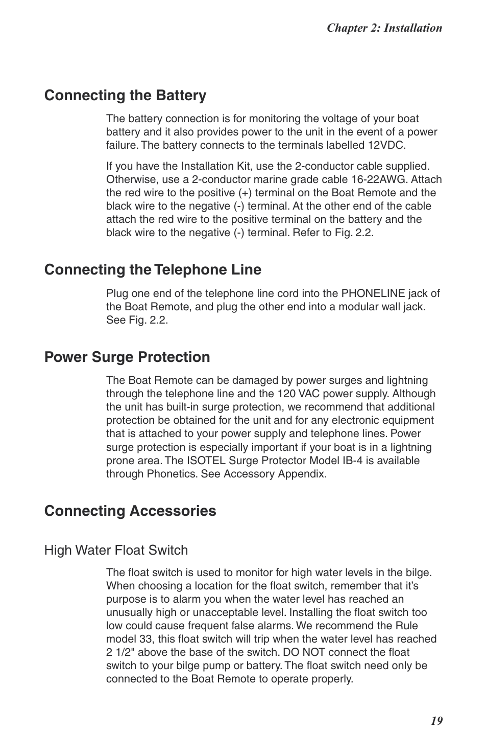 Connecting the battery, Connecting the telephone line, Power surge protection | Connecting accessories, High water float switch | Phonetics Boat Remote User Manual | Page 19 / 90