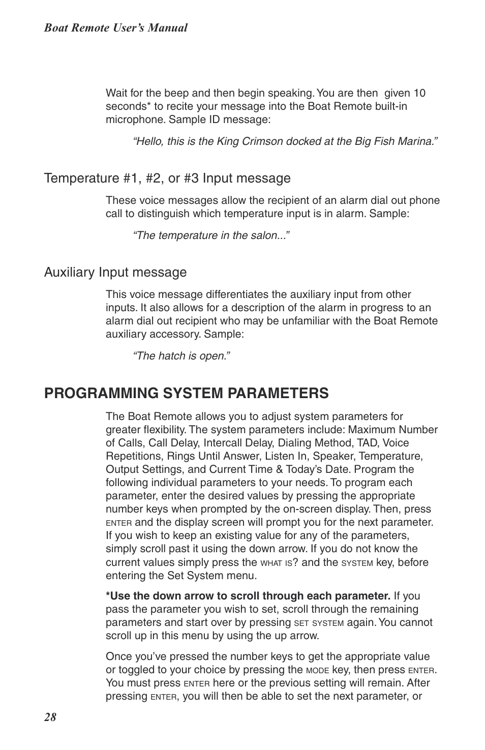 Temperature #1, #2, or #3 input message, Auxiliary input message, Programming system parameters | Boat remote user’s manual 28 | Phonetics Boat Remote User Manual | Page 28 / 90