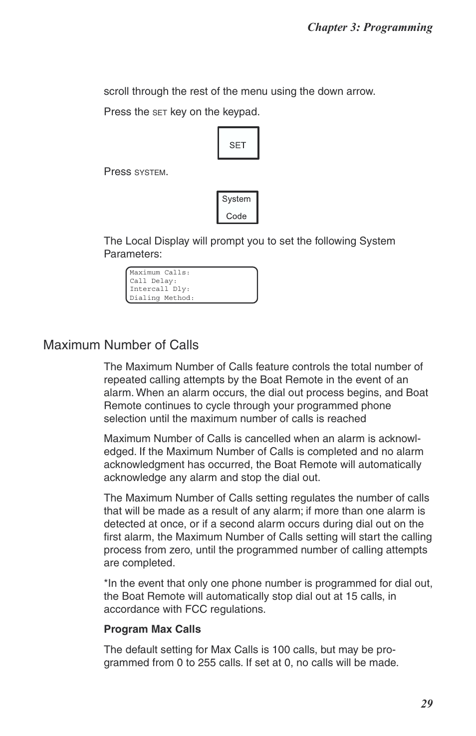 Maximum number of calls, Chapter 3: programming 29 | Phonetics Boat Remote User Manual | Page 29 / 90