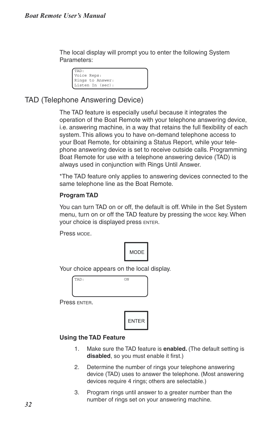 Tad (telephone answering device), Boat remote user’s manual 32 | Phonetics Boat Remote User Manual | Page 32 / 90