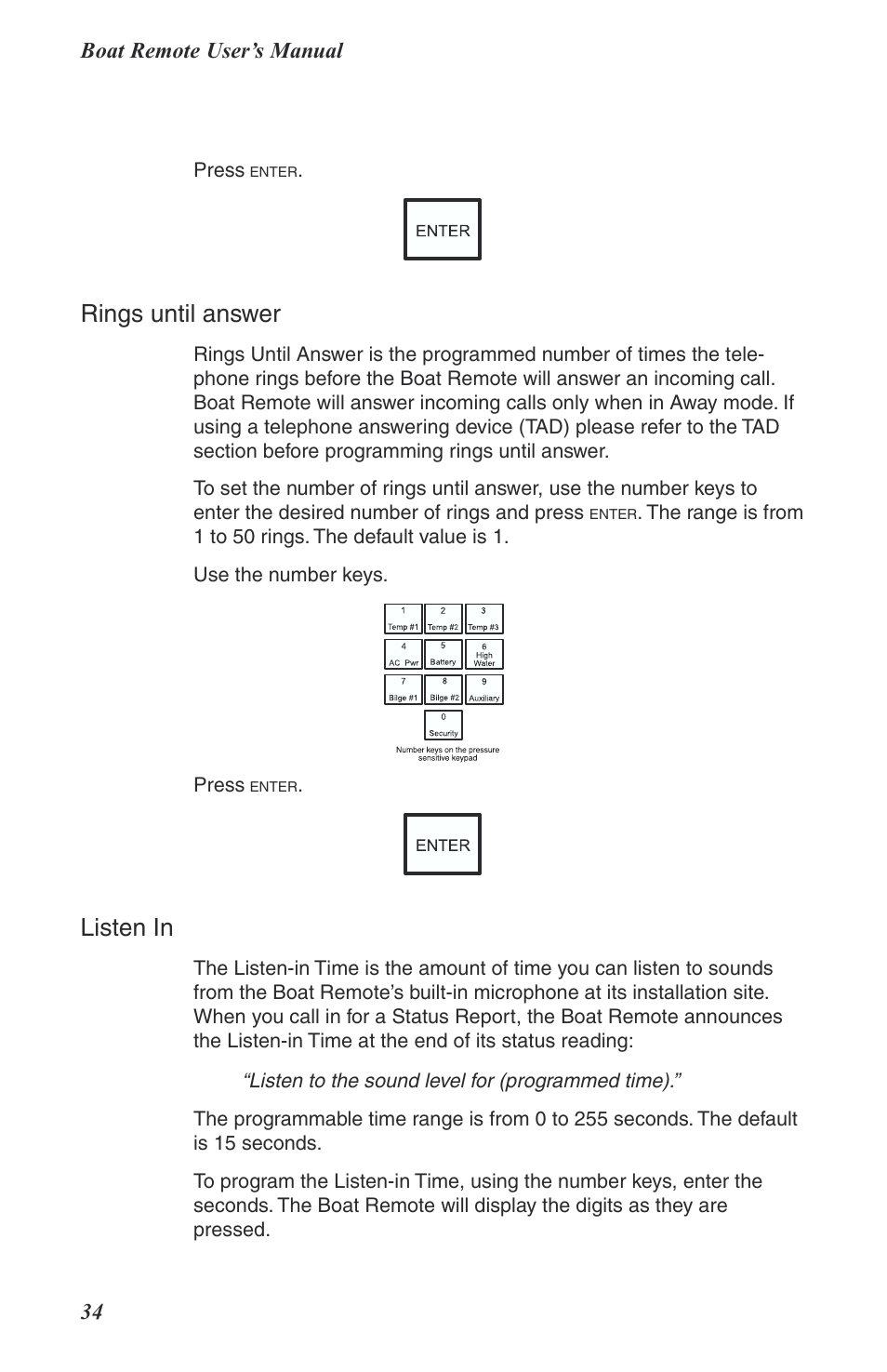 Rings until answer, Listen in | Phonetics Boat Remote User Manual | Page 34 / 90