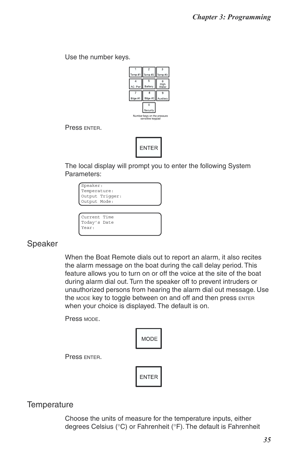 Speaker, Temperature, Chapter 3: programming 35 | Phonetics Boat Remote User Manual | Page 35 / 90